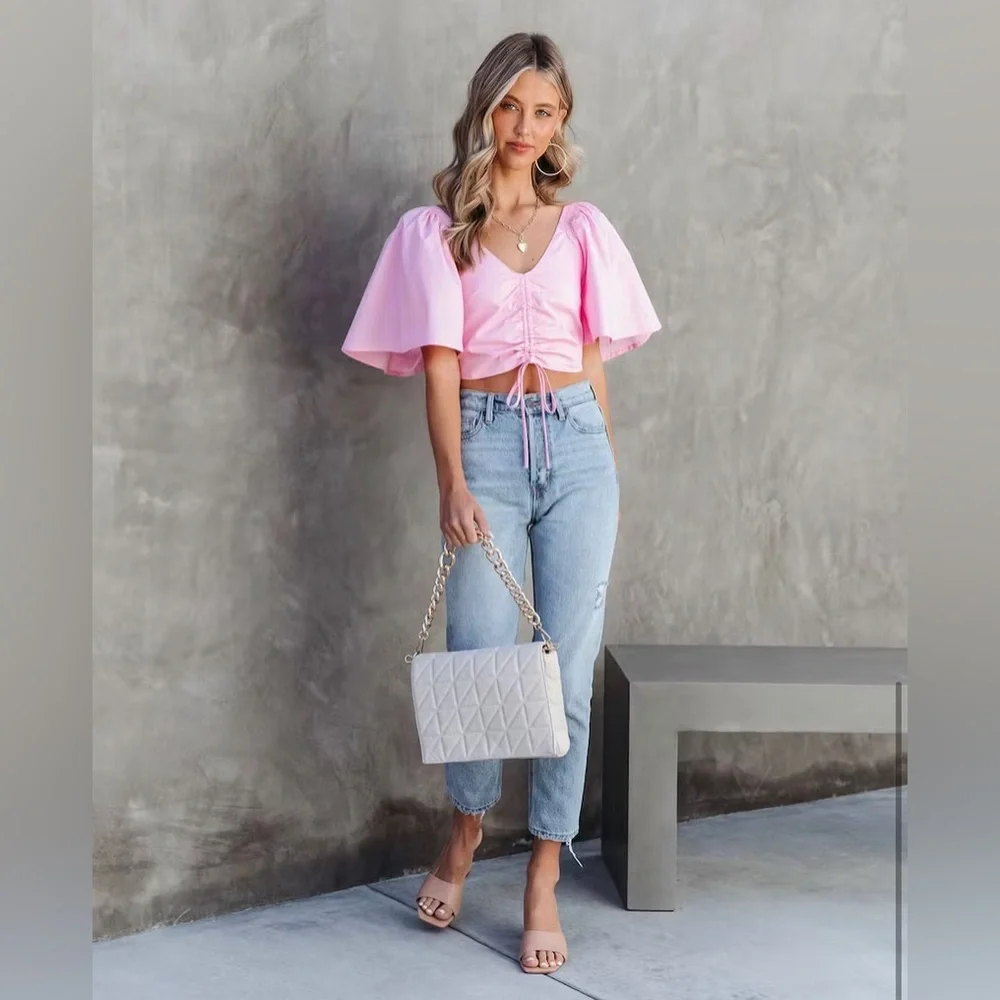 NWT Vici Campanella Pink Cotton Ruched Crop Top |Size Medium - Picture 3 of 3